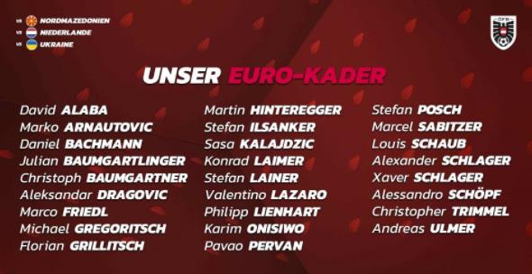 2021欧洲杯奥地利大名单 阿拉巴领衔奥地利队欧洲杯阵容